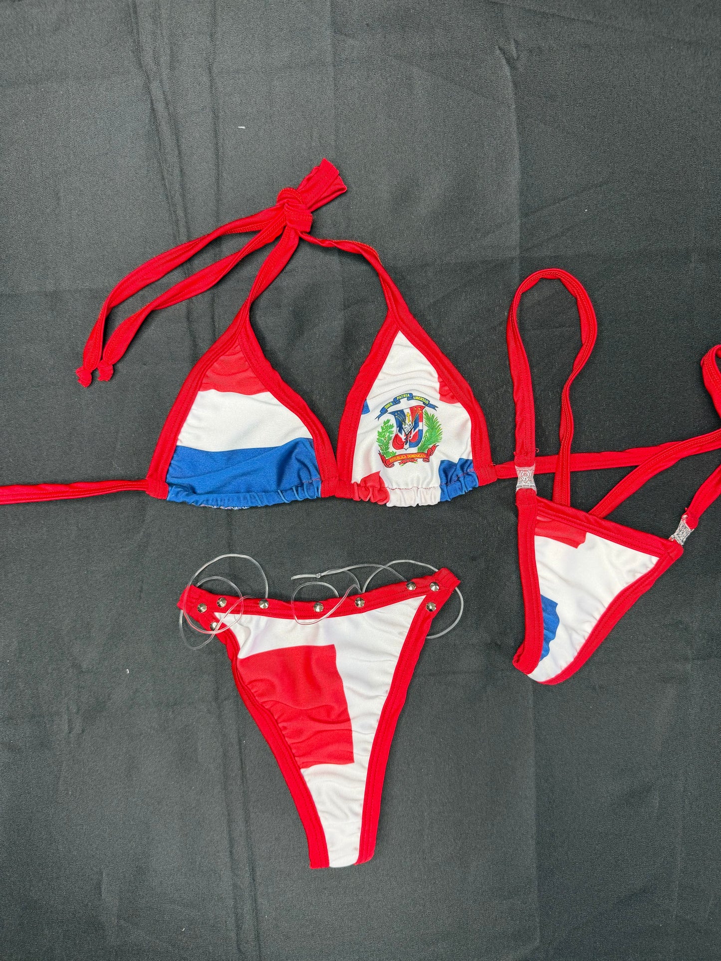 Dominican Print Spandex/Red Spandex Two-Piece Bikini Lingerie Outfit