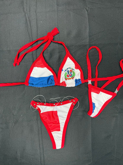 Dominican Print Spandex/Red Spandex Two-Piece Bikini Lingerie Outfit