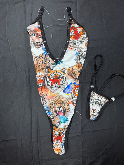 Tiger Print One-Piece Silicone String Back Lingerie Outfit