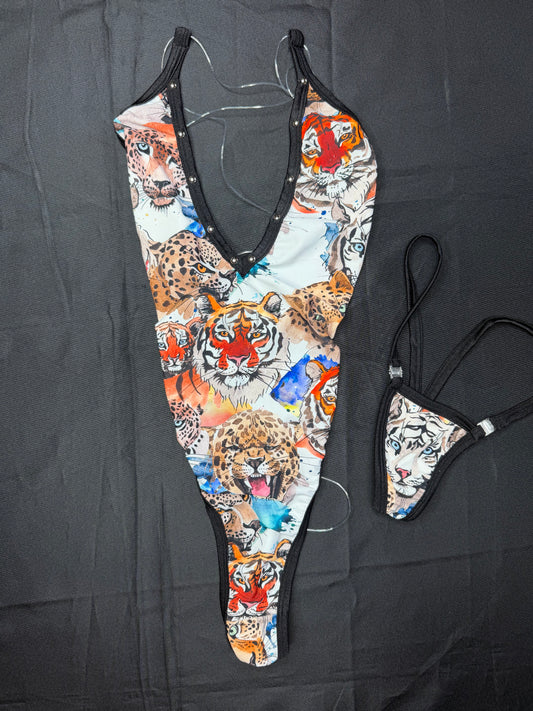 Tiger Print One-Piece Silicone String Back Lingerie Outfit