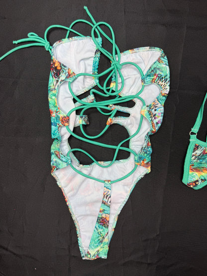 Turquoise/Aqua Butterfly Holographic One-Piece Lingerie Outfit
