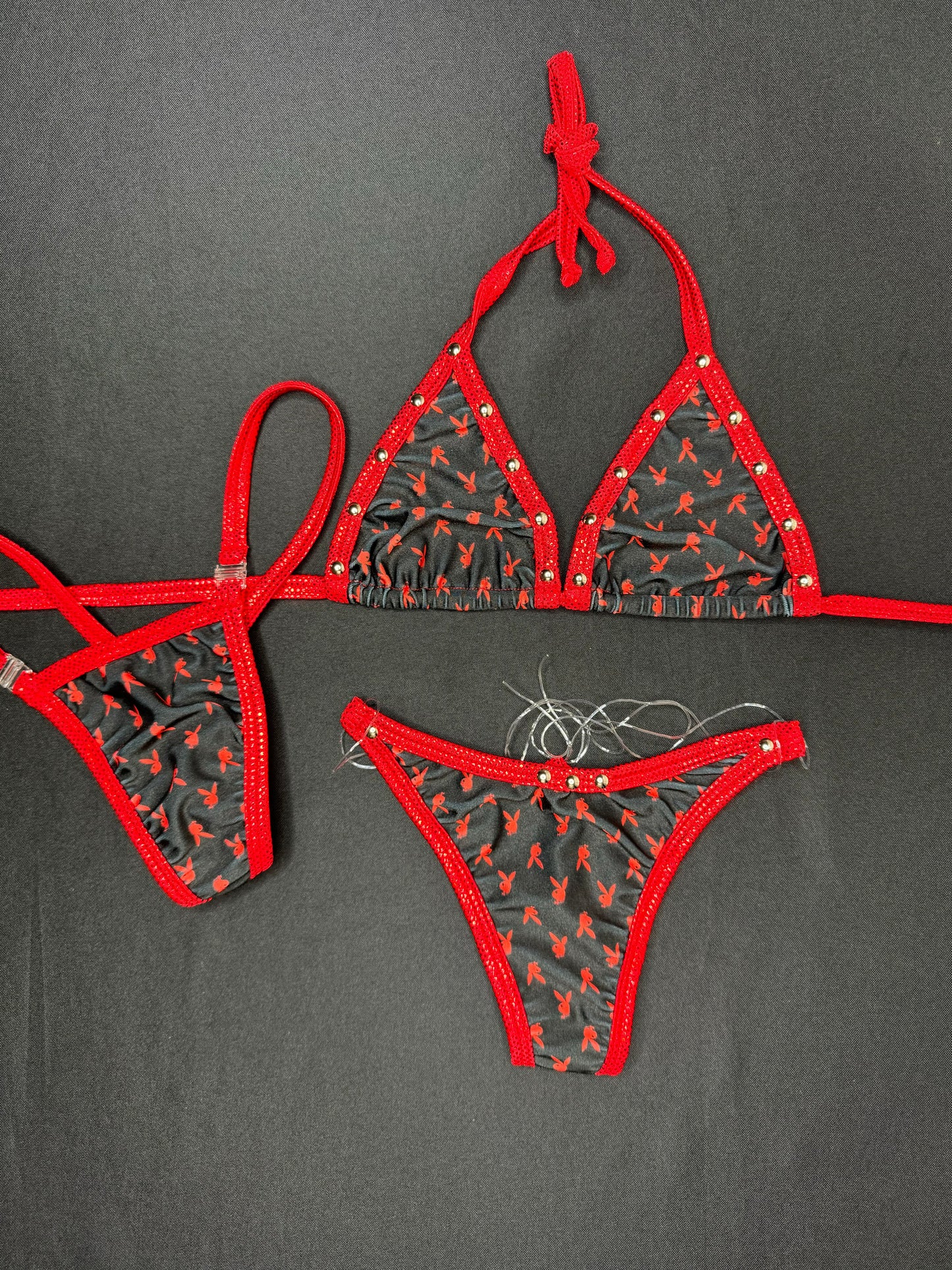 Metallic Red/Black Bunny Two-Piece Silicone String Bottoms Lingerie Outfit