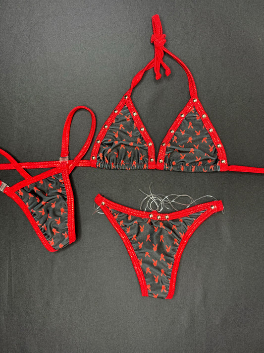 Metallic Red/Black Bunny Two-Piece Silicone String Bottoms Lingerie Outfit