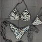 Black/Silver Animal Print Spandex Bikini Top/Side-Tie Bikini Bottoms Lingerie Outfit