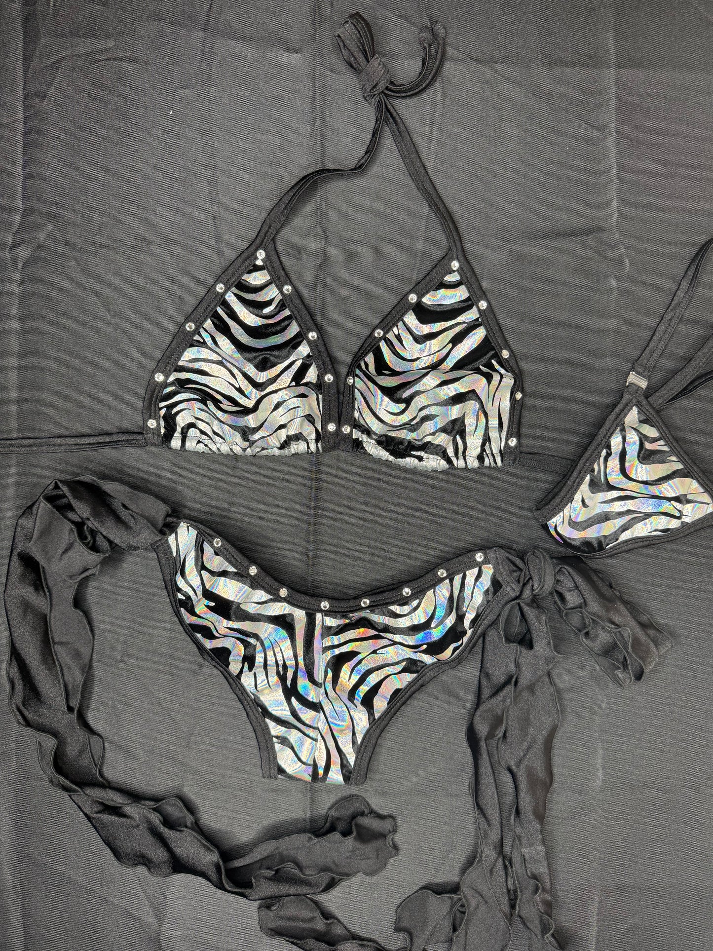 Black/Silver Animal Print Spandex Bikini Top/Side-Tie Bikini Bottoms Lingerie Outfit