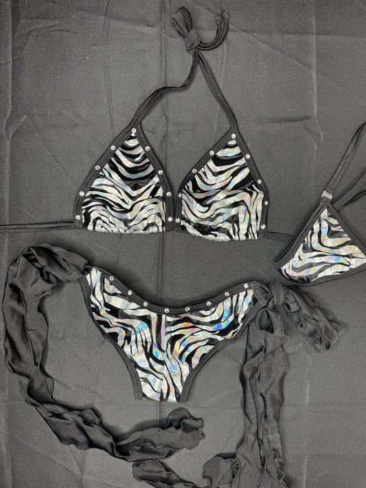 Black/Silver Animal Print Spandex Bikini Top/Side-Tie Bikini Bottoms Lingerie Outfit