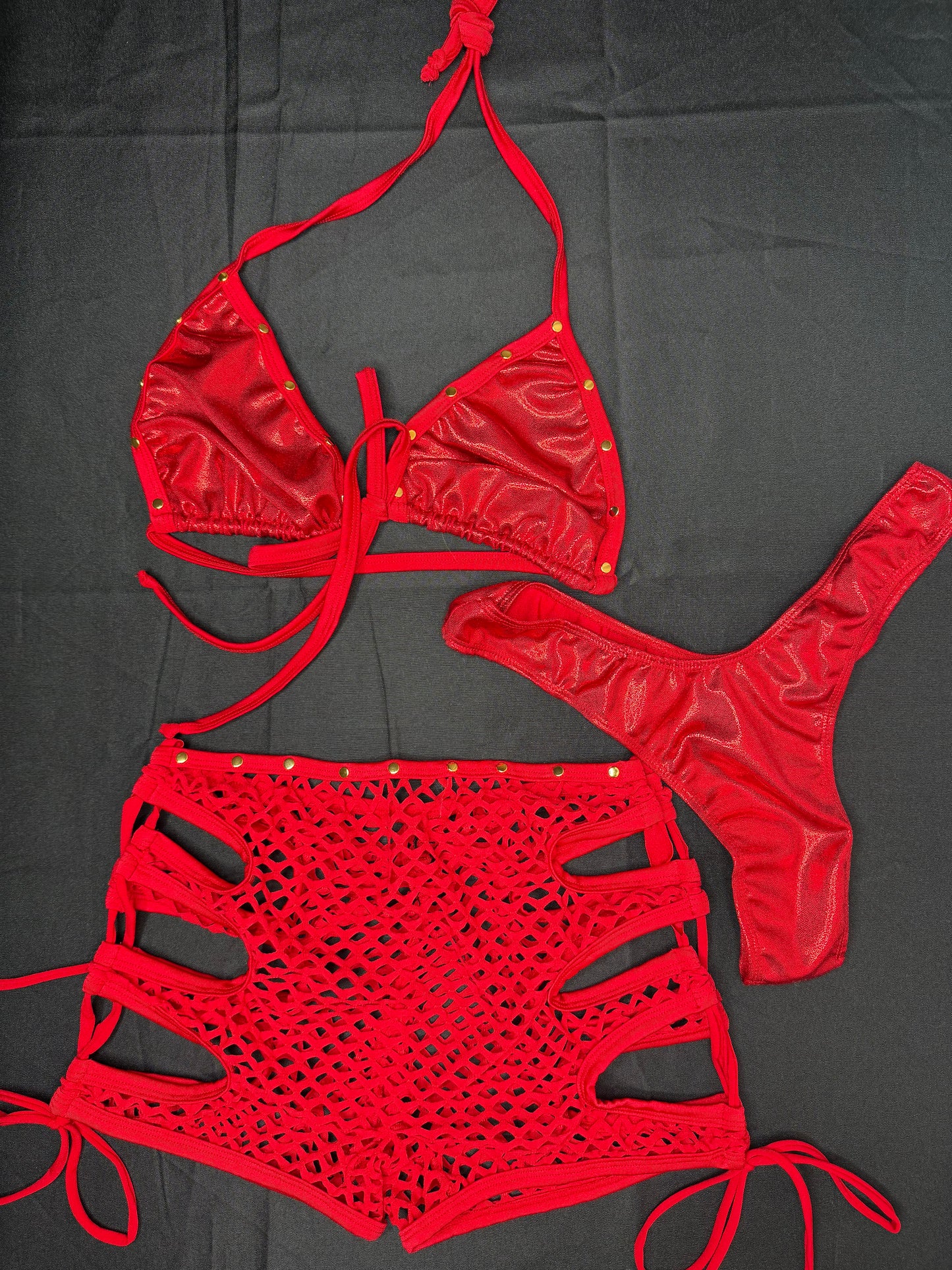 Metallic Red Spandex Three-Piece Bikini/Shorts/Cheeky Thong Lingerie Outfit
