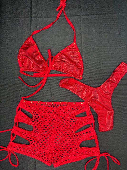 Metallic Red Spandex Three-Piece Bikini/Shorts/Cheeky Thong Lingerie Outfit