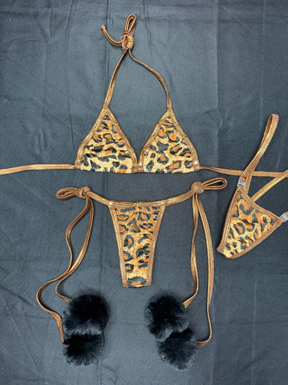 Cheetah Animal Print/Copper Spandex Pom Pom Two-Piece Bikini Outfit