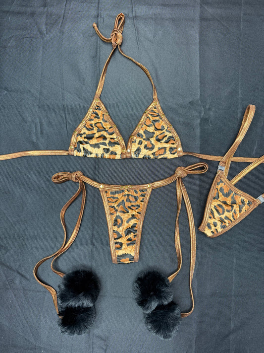 Cheetah Animal Print/Copper Spandex Pom Pom Two-Piece Bikini Outfit