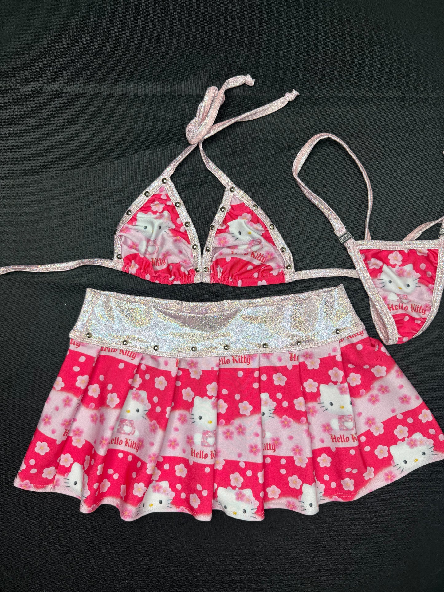 Metallic Pink/Silver & Pink Kitty Spandex Two-Piece Skirt Lingerie Outfit