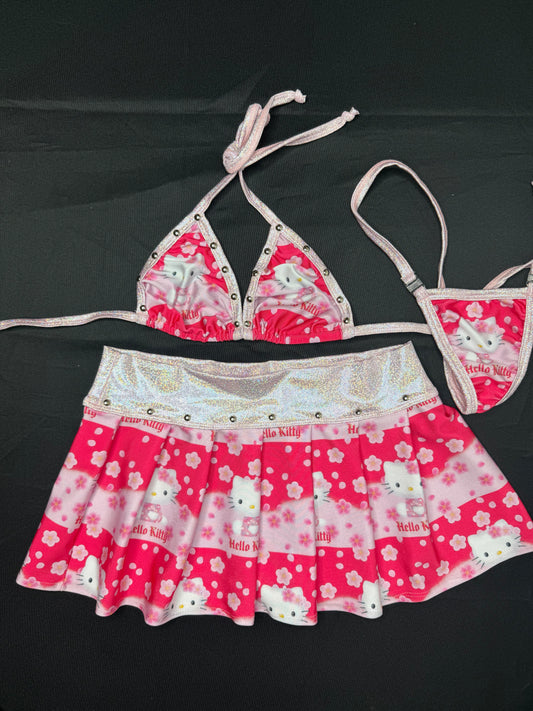 Metallic Pink/Silver & Pink Kitty Spandex Two-Piece Skirt Lingerie Outfit