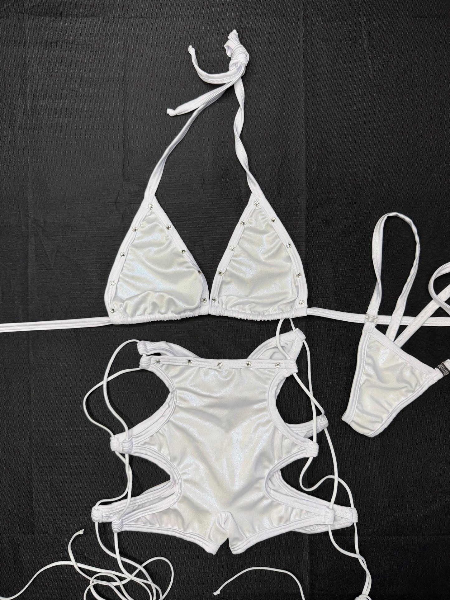 Metallic White/White Spandex Bikini Top/Shorts Two-Piece Lingerie Outfit