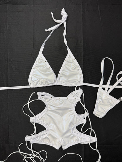 Metallic White/White Spandex Bikini Top/Shorts Two-Piece Lingerie Outfit