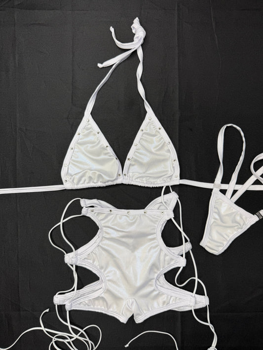 Metallic White/White Spandex Bikini Top/Shorts Two-Piece Lingerie Outfit