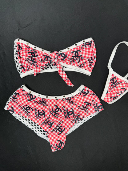 Red/White Plaid Spandex/Fishnet Two-Piece Lingerie Outfit