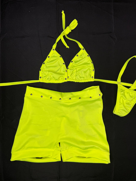 Neon Yellow Spandex Two-Piece Ripped Shorts Lingerie Outfit
