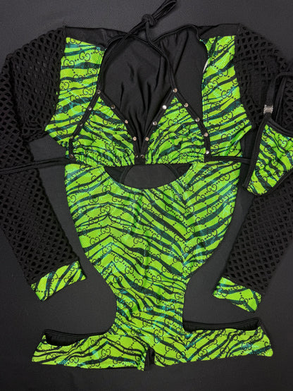 Green Designer Animal Print/Black Fishnet Spandex Romper One-Piece Lingerie Outfit