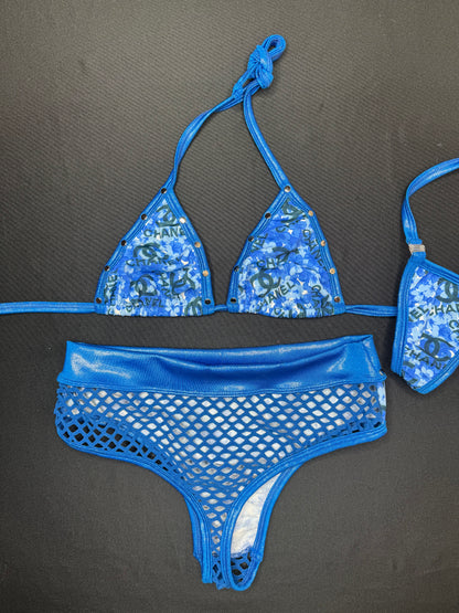 Microdot Blue/Royal Blue Bikini Top/High Waist Shorts Two-Piece Lingerie Outfit