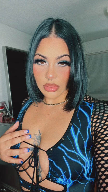 Blue Lightning/Black Fishnet One-Piece Bartender Romper Outfit