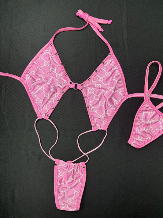 Baby Pink/Metallic Baby Pink Trim Designer Sling-Shot One-Piece Lingerie Outfit