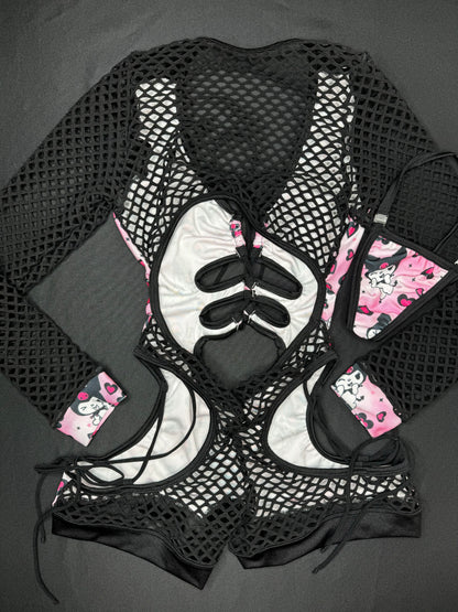 Black/Pink Kuromi One-Piece Fishnet Romper Lingerie Outfit