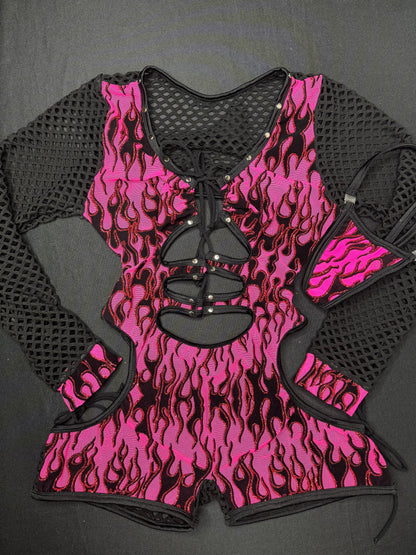 Pink Flame Mesh/Black Fishnet Long Sleeve Romper Lingerie Outfit