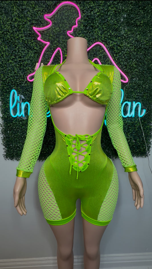 Metallic Neon Green Spandex One-Piece Romper Lingerie Outfit