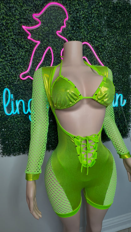 Metallic Neon Green Spandex One-Piece Romper Lingerie Outfit