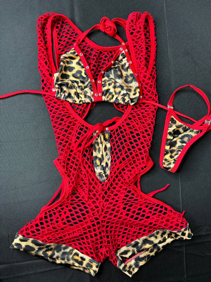Cheetah Red Fishnet Romper Lingerie Exotic Dance wear