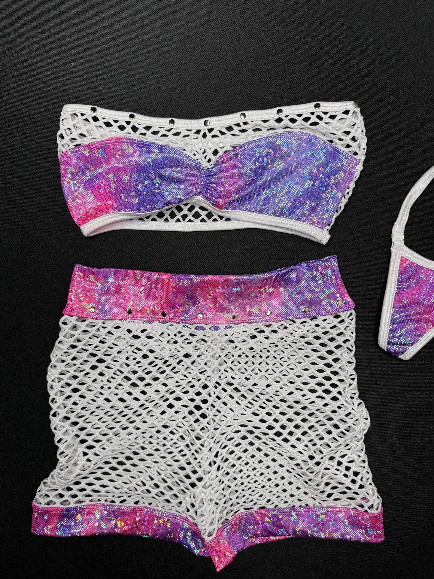 Metallic Purple/White Fishnet Tube Top/Shorts Lingerie Outfit