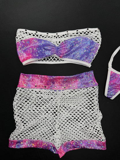 Metallic Purple/White Fishnet Tube Top/Shorts Lingerie Outfit