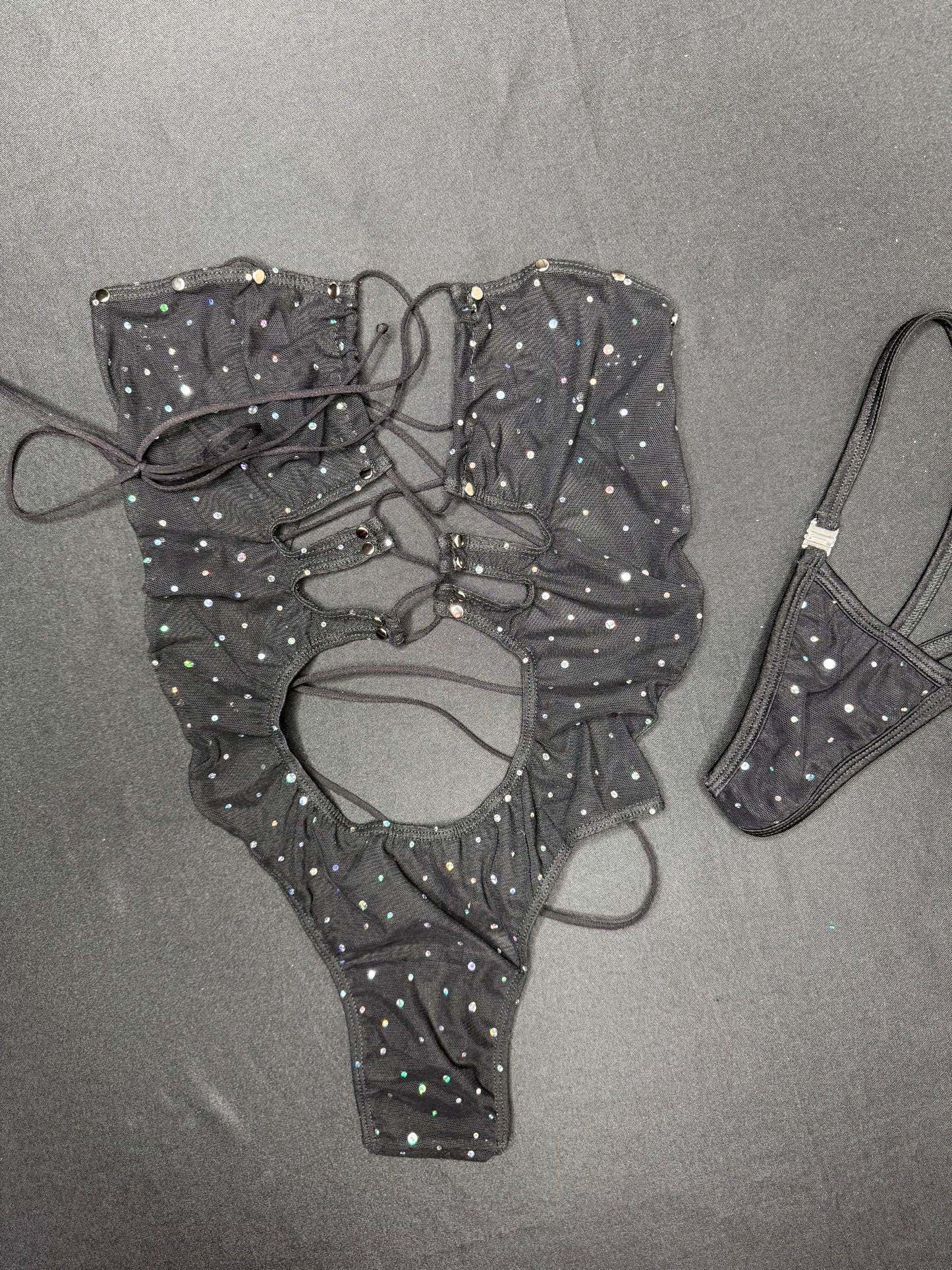 Silver Sparkle Black Mesh One-Piece Lingerie Outfit