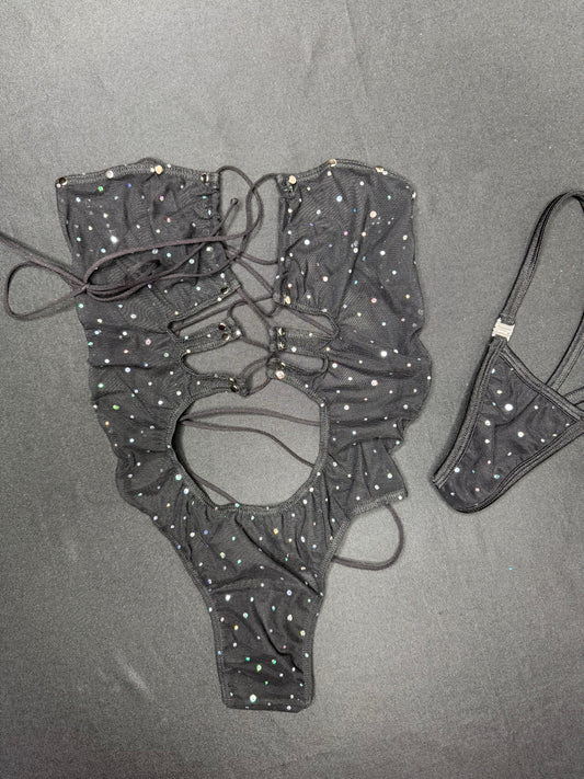 Silver Sparkle Black Mesh One-Piece Lingerie Outfit