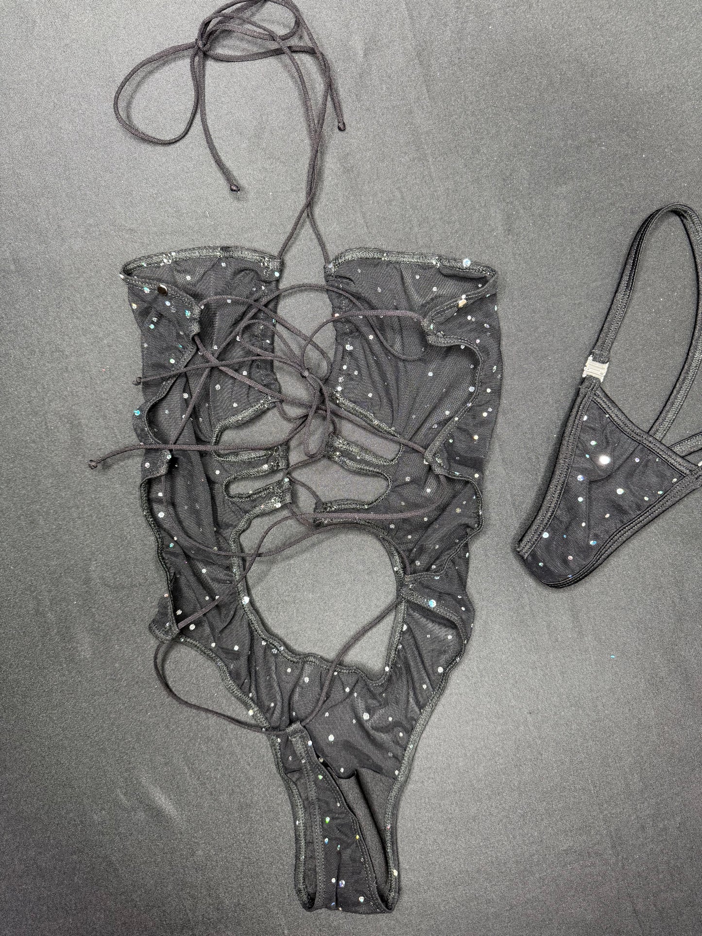 Silver Sparkle Black Mesh One-Piece Lingerie Outfit