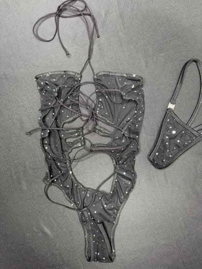 Silver Sparkle Black Mesh One-Piece Lingerie Outfit
