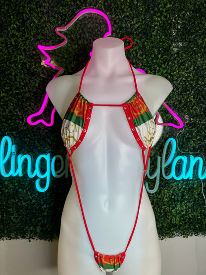 Exotic Dance Wear Sling Shot Outfit Red/Green Lingerie