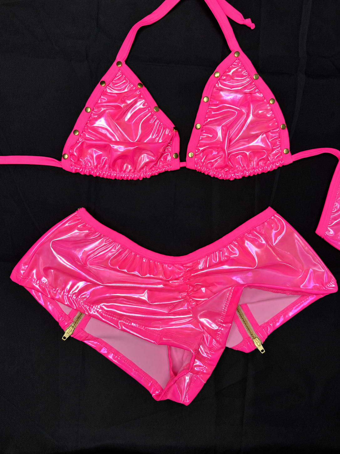 Hot Pink Vinyl Bikini Top/Zipper Shorts Two-Piece Lingerie Outfit