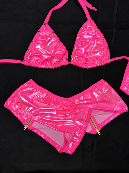 Hot Pink Vinyl Bikini Top/Zipper Shorts Two-Piece Lingerie Outfit