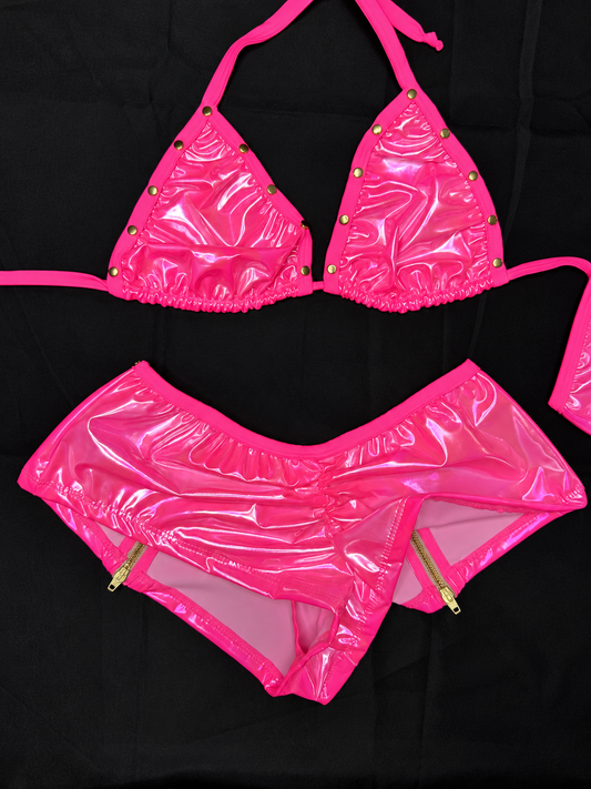Hot Pink Vinyl Bikini Top/Zipper Shorts Two-Piece Lingerie Outfit