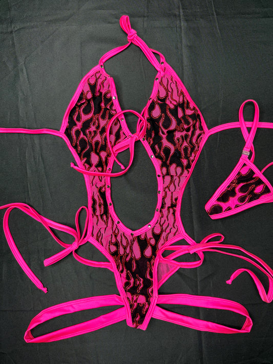 Hot Pink Flame Mesh One-Piece Lingerie Outfit