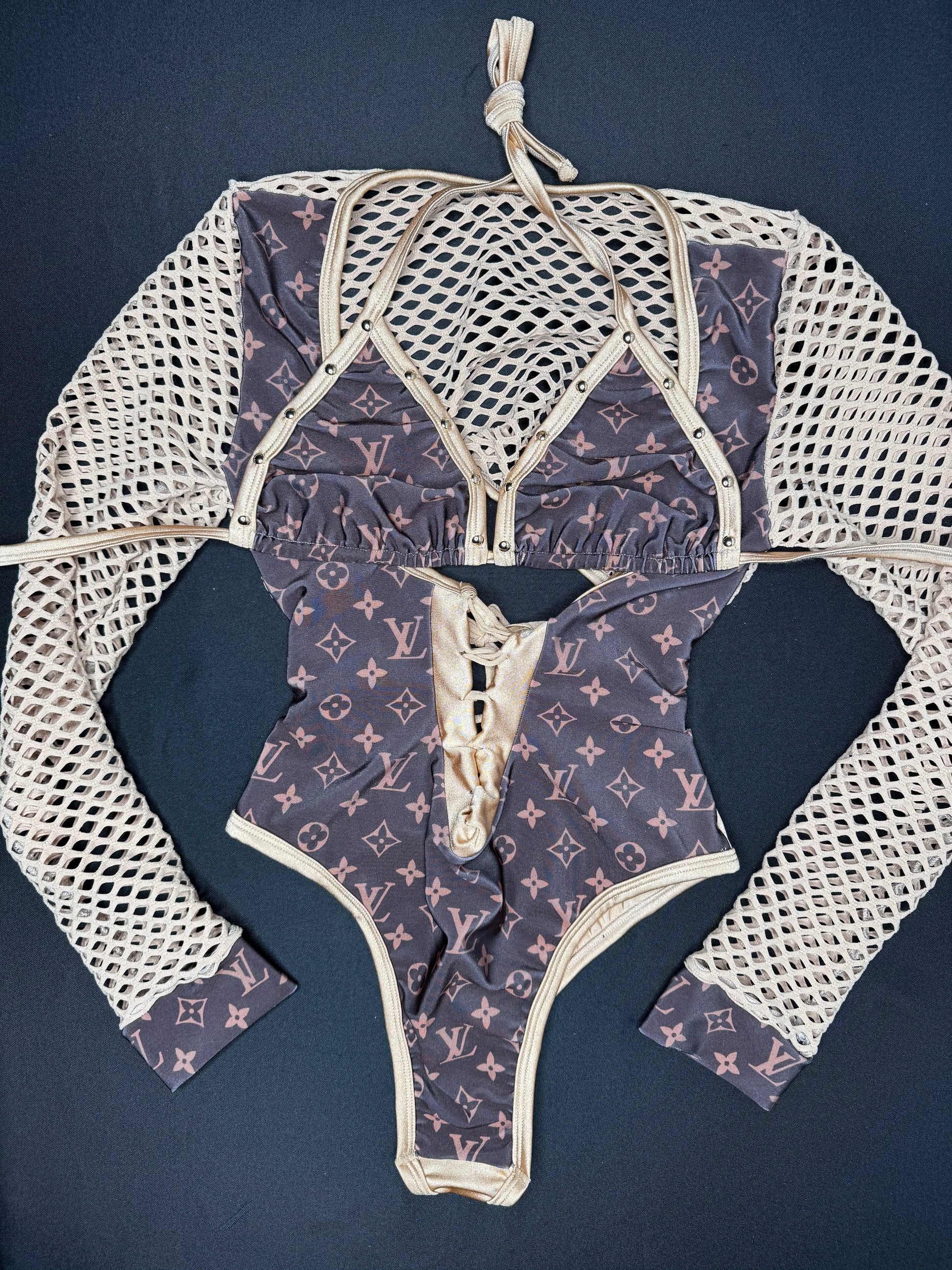 Brown Designer Fabric/Gold Fishnet One-Piece Leotard Lingerie Outfit ...