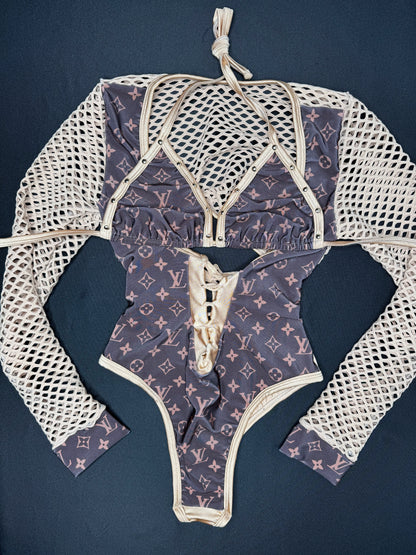 Brown Designer Fabric/Gold Fishnet One-Piece Leotard Lingerie Outfit
