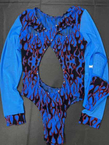 Mesh Blue Mesh Metallic Flames One-Piece Leotard Exotic Dancer Outfit