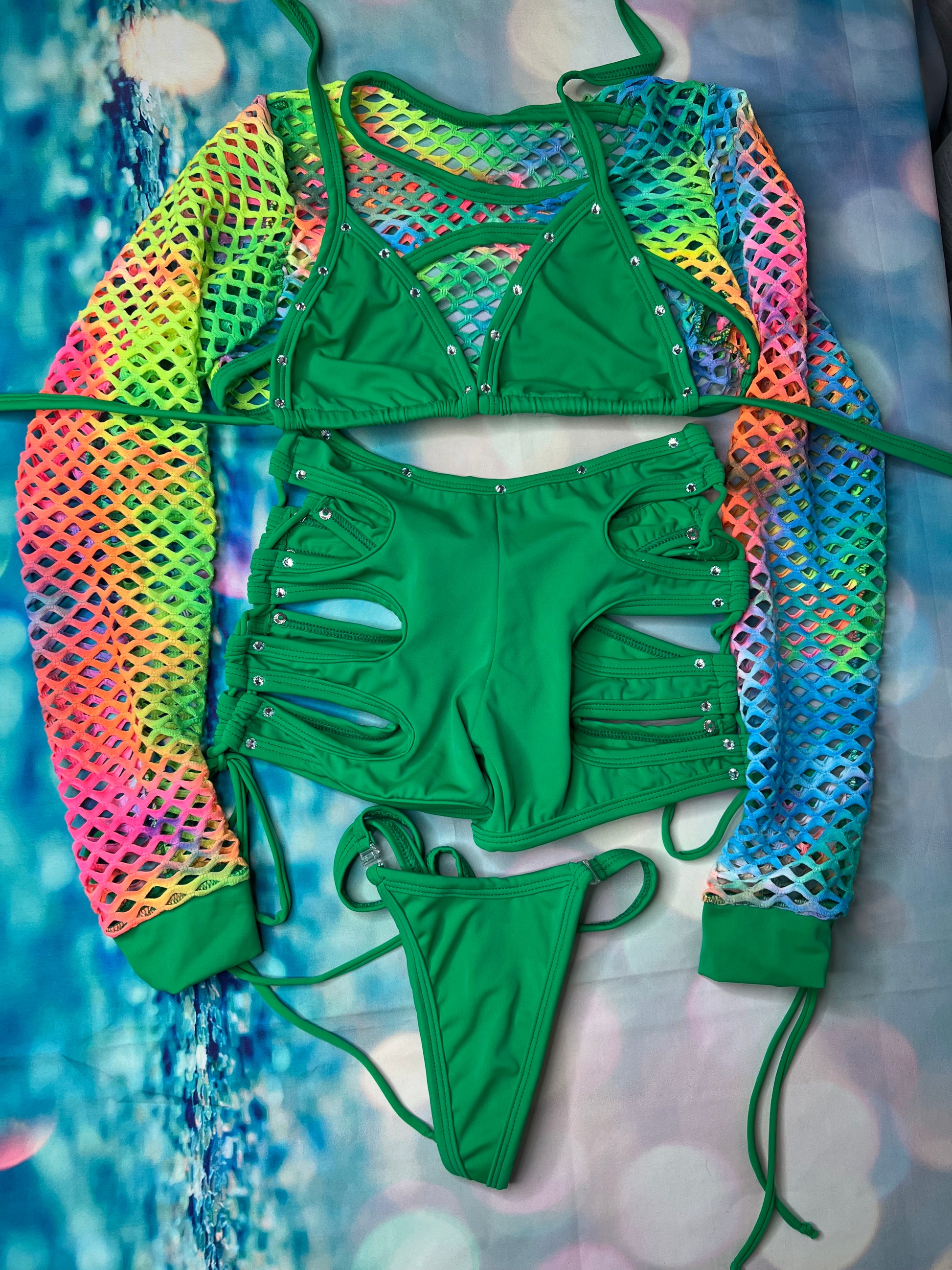 Exotic Dance Wear Three Piece Set Fishnet , Bikini Rainbow/Green