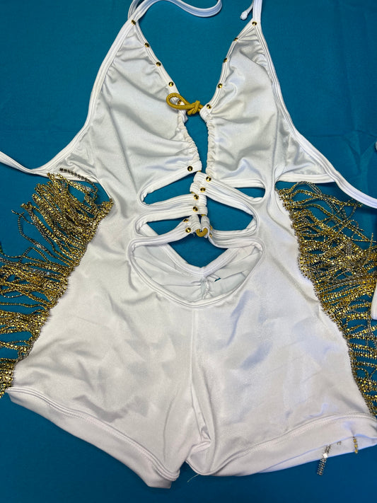 Exotic Dance Wear White/Gold Tassel One-Piece Stripper Outfit