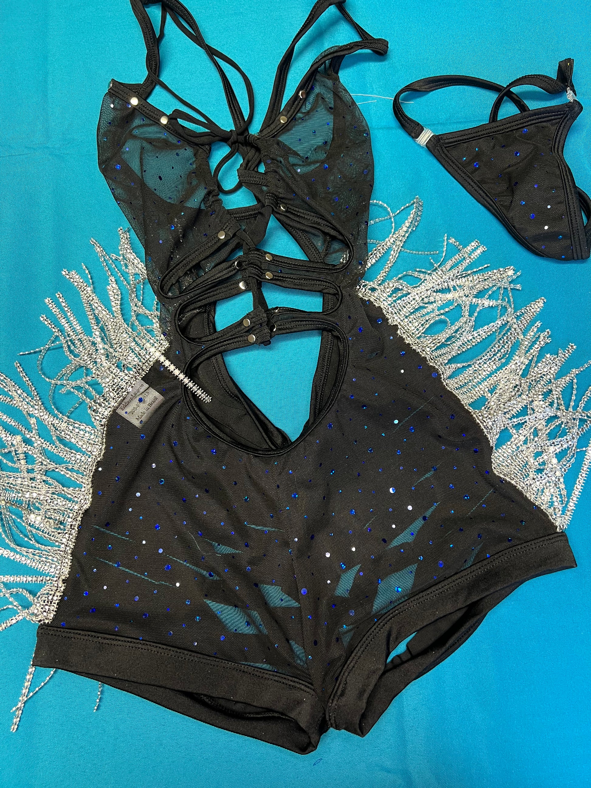 One-Piece Black Mesh Chrome Fringe Ripped Back Outfit Stripper