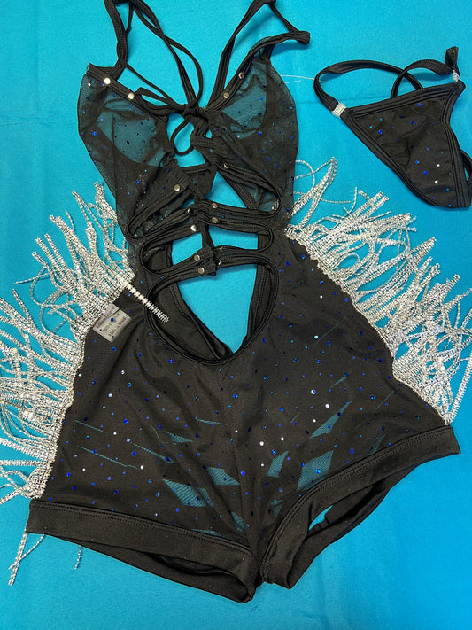 One-Piece Black Mesh Chrome Fringe Ripped Back Outfit Stripper
