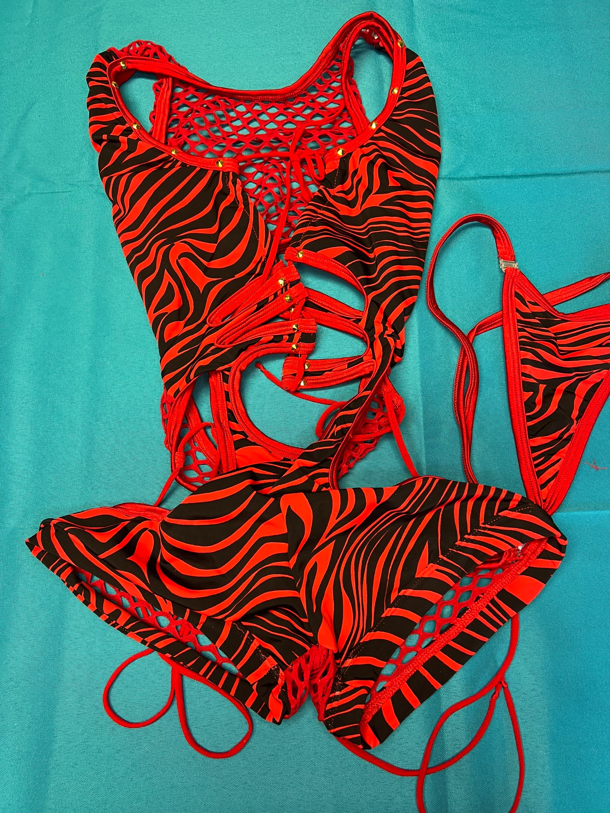 Red/Black Stripe Stretch Fabric/Fishnet One-Piece Romper – Lingeriebydylan