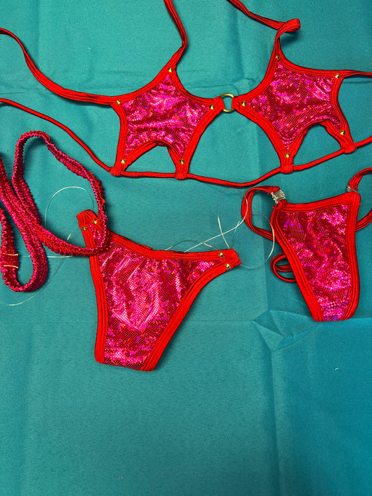 Red/Metallic Red Stretch Fabric Star Top/Silicone String Bottom Outfit